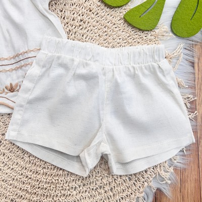  Conj. Classic Batinha com Flores Bordadas e Short em Linho - Areia e cappuccino